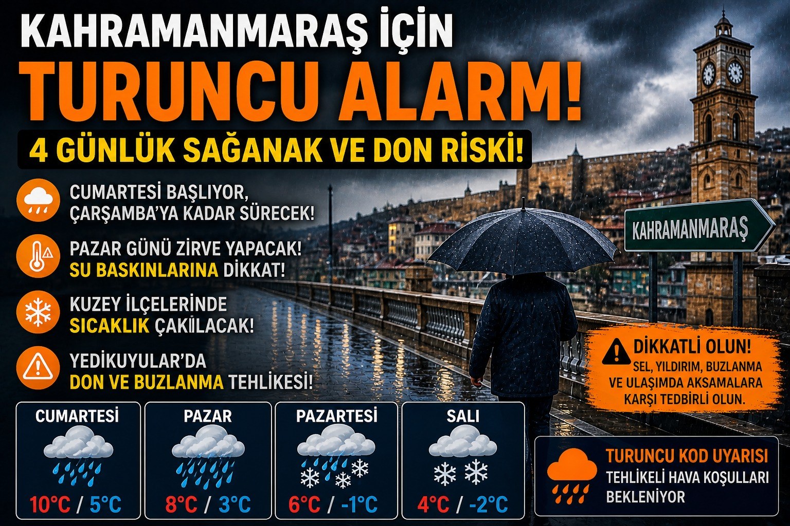 KAHRAMANMARAŞ İÇİN TURUNCU ALARM 4 GÜNLÜK SAĞANAK VE DON RİSKİ