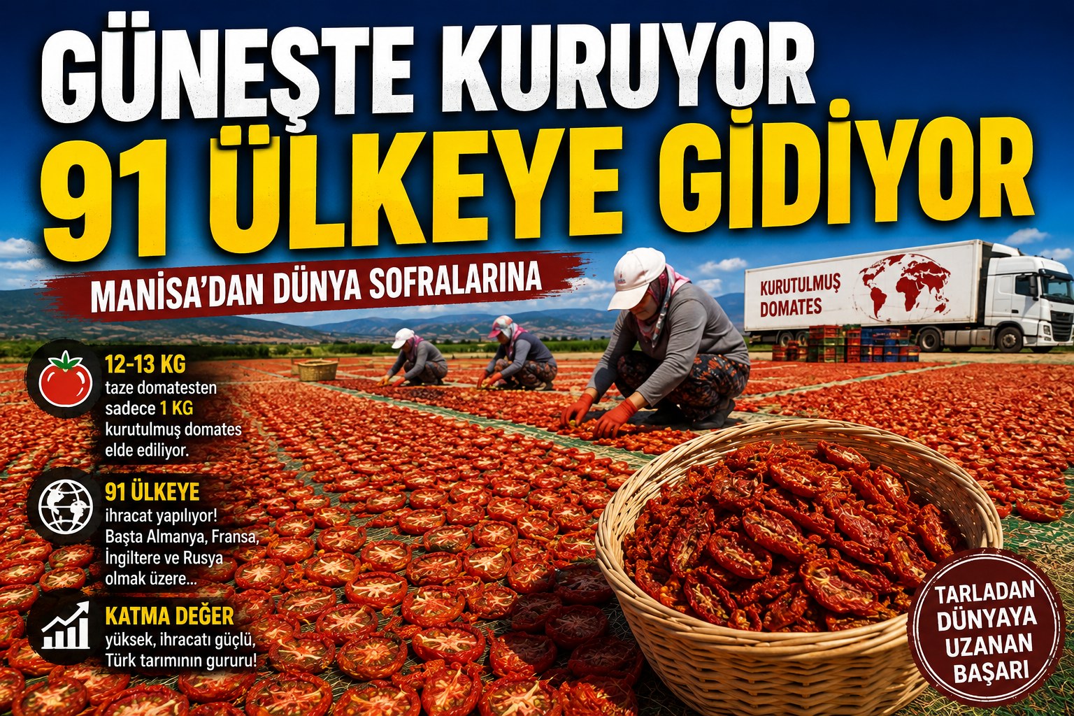 GÜNEŞTE KURUYOR 91 ÜLKEYE GİDİYOR