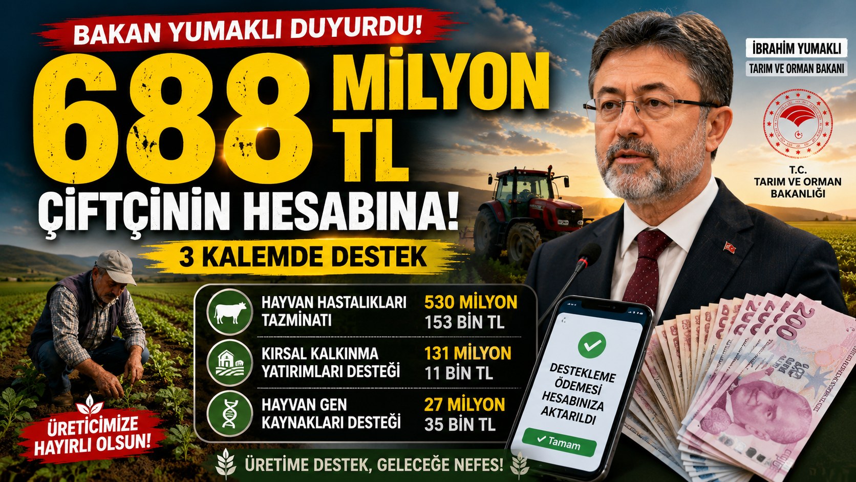 688 MİLYON TL ÇİFTÇİNİN HESABINDA