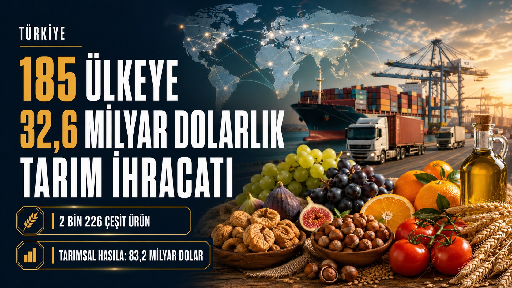 TÜRK TARIMI 185 ÜLKEYE ULAŞTI: 32,6 MİLYAR DOLARLIK İHRACAT
